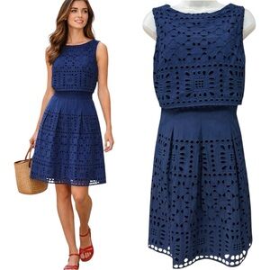 Ralph Lauren Euro Summer Eyelet Fit & Flare Dress Navy Sleeveless Resort Rich 8